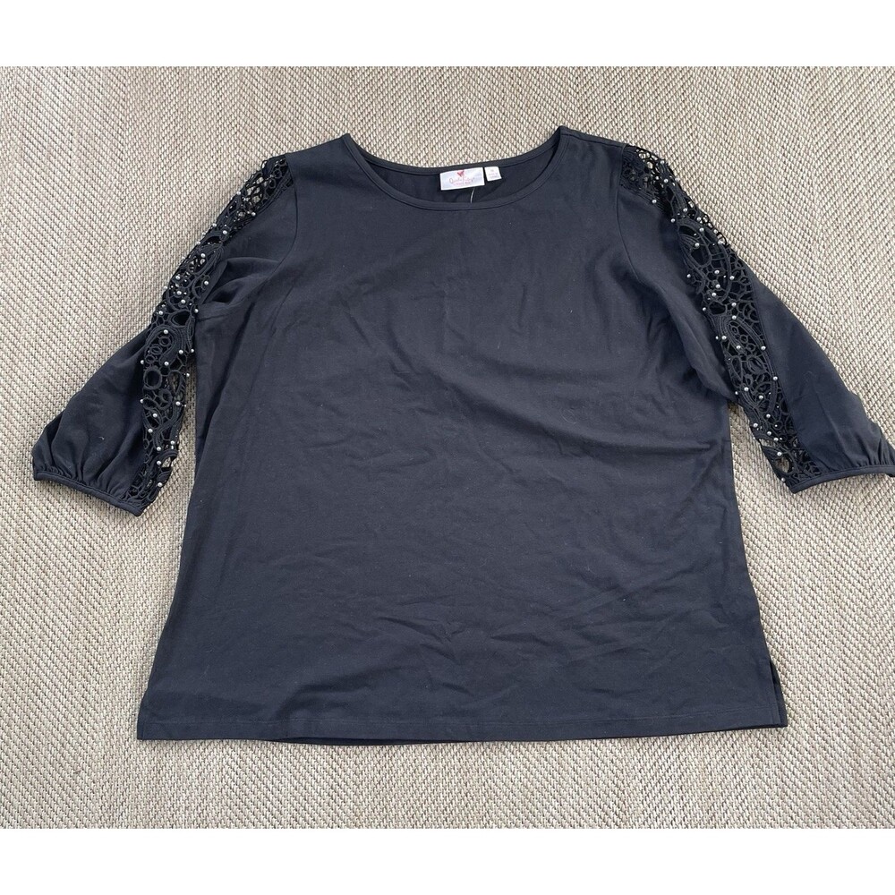 Quacker Factory Lace‎ 3/4 Sleeve Knit T-Shirt with Pearl Details Black 1X